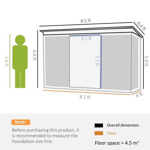 Pent Roofed Metal Garden Shed Foundation and Vent 260x194x200cm Green
