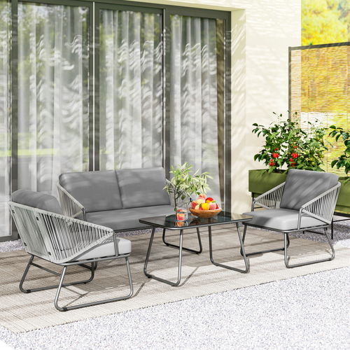 4 Piece Rattan Garden Furniture Set with Cushions, Grey
