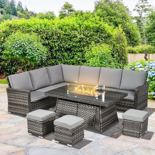 7 Pieces Rattan Garden Furniture Set w/ 50,000 BTU Gas Fire Pit Table